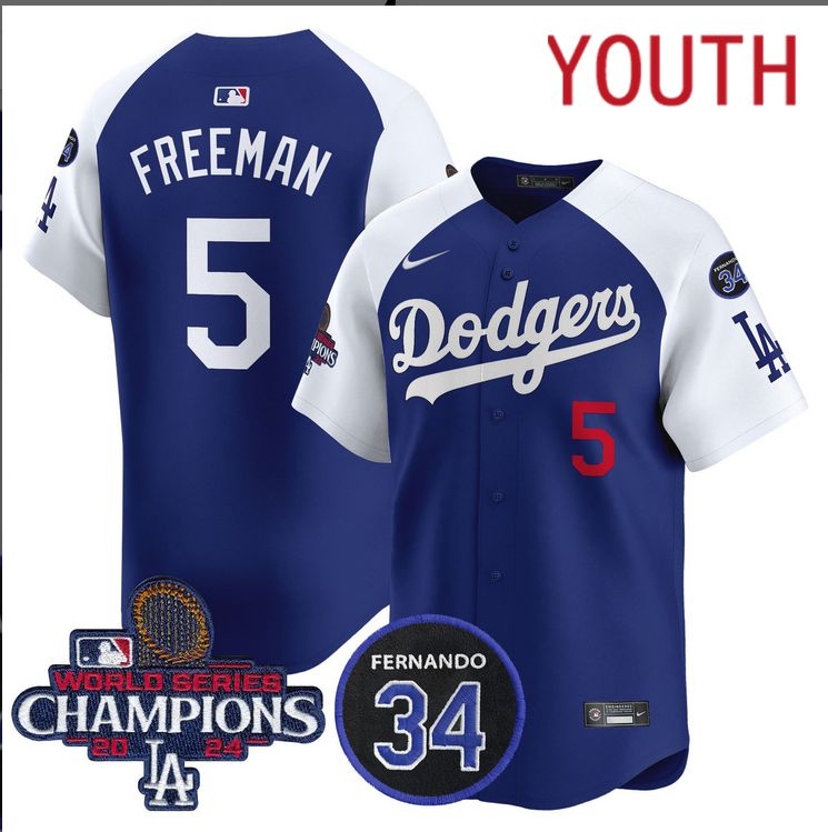 Youth MLB Los Angeles Dodgers #5 Freeman blue 2024 World Series Champions Patch Limited Jersey->youth mlb jersey->Youth Jersey